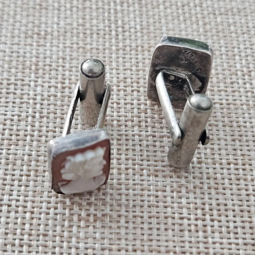 Carved Stone/Shell Top Cufflinks‎ Vintage Sterling Silver